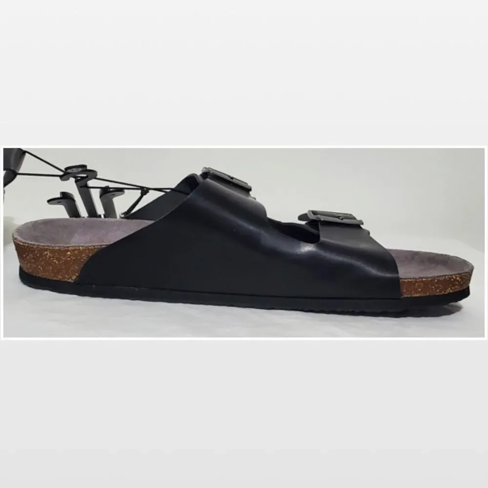 New Falls Creek Shoes Men Sandals Black Buckle Slip On Cork Slides NWT